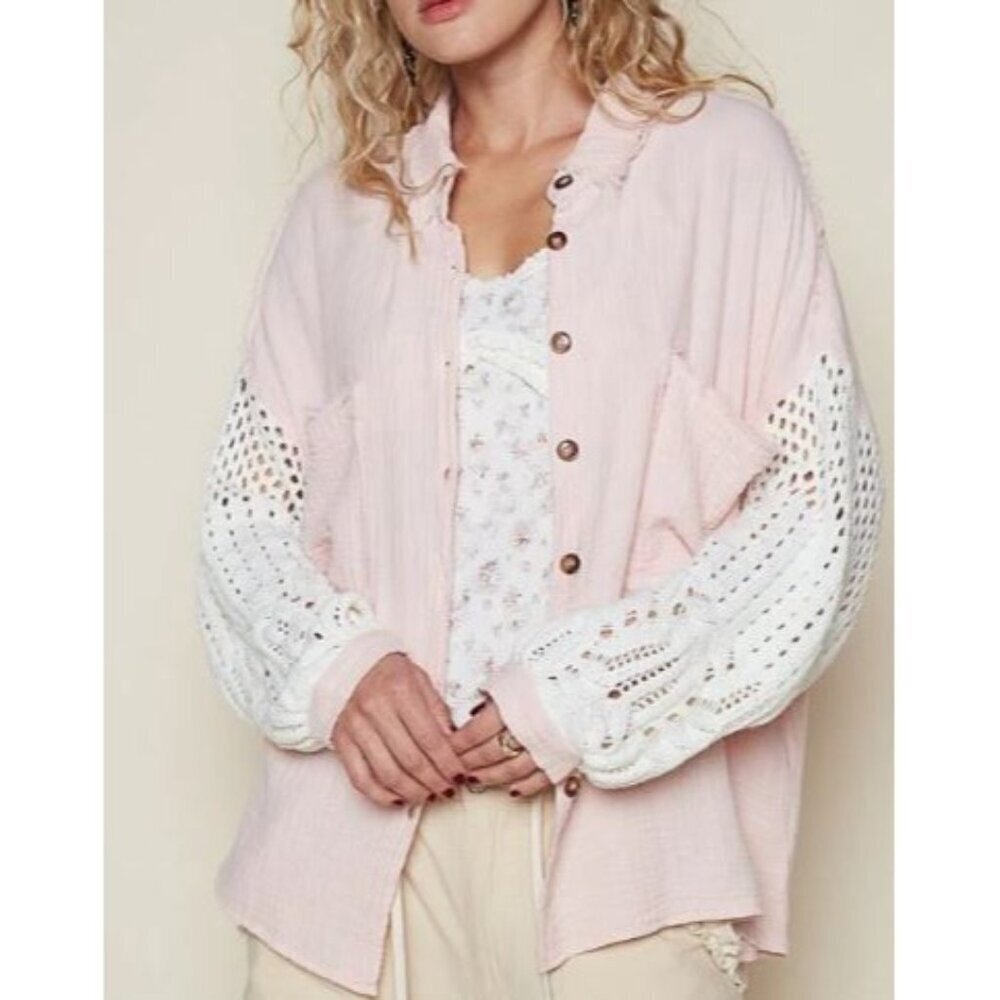 POL Full Button Knit Sleeves Oversized Shirt Top Women Size Small NWT Raw Hem